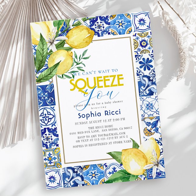 Can't Wait to Squeeze Blue Tile Lemon Baby Shower Invitation (Creator Uploaded)