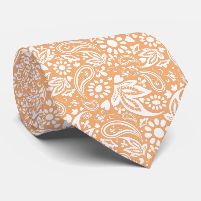 Cantaloupe and White Romantic Paisley Pattern Neck Tie (Rolled)
