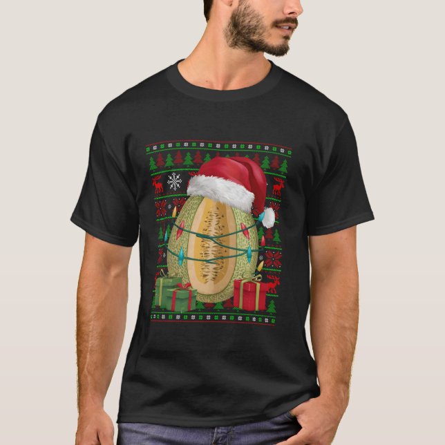 Cantaloupe Fruit Xmas Lights Ugly Santa Cantaloupe T-Shirt (Front)