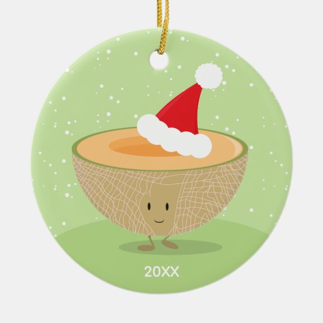 Cantaloupe Santa Hat Year Food Christmas Ceramic Ornament (Front)