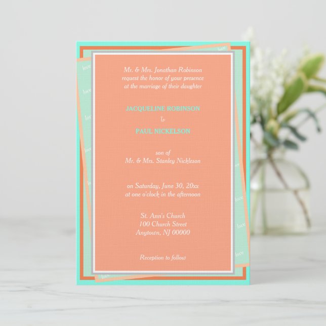 Cantaloupe Turquoise Love Geometric  Invitation (Standing Front)
