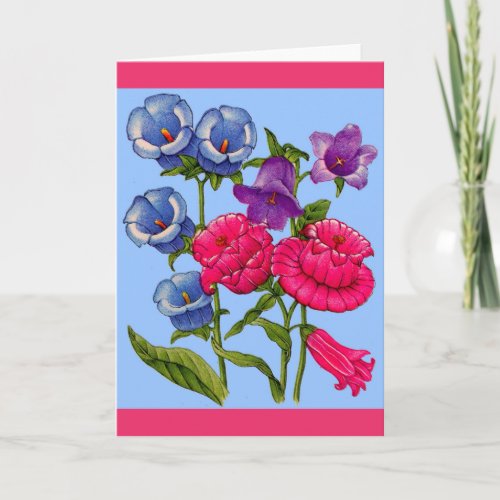 canterbury bells in pink blue and purple card