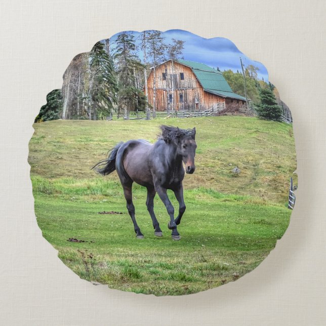 Cantering Black Percheron Horse Equine Photo 2 Round Pillow (Front)