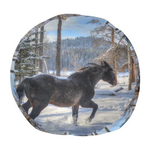 Cantering Black Percheron Horse  Snow Photo 2 Pouf