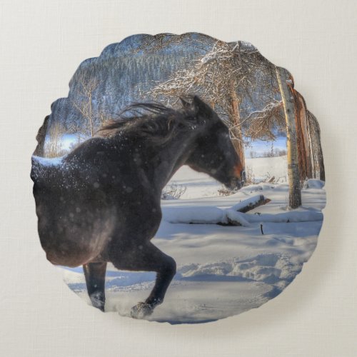 Cantering Black Percheron Horse  Snow Photo 2 Round Pillow