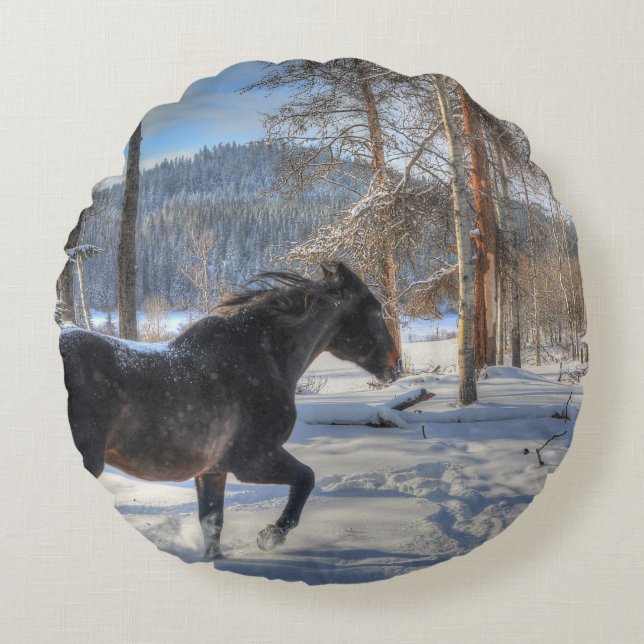 Cantering Black Percheron Horse & Snow Photo 2 Round Pillow (Front)