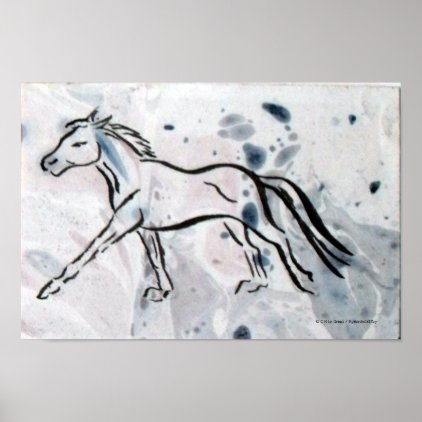 Cantering horse in pen and ink on marble paper poster