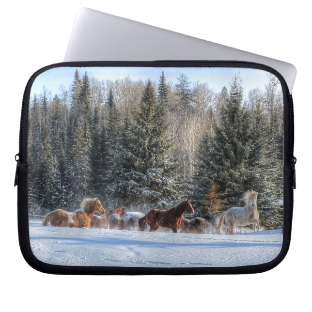 Cantering, Running Horses in Winter Snow Photo Laptop Sleeve (Front)
