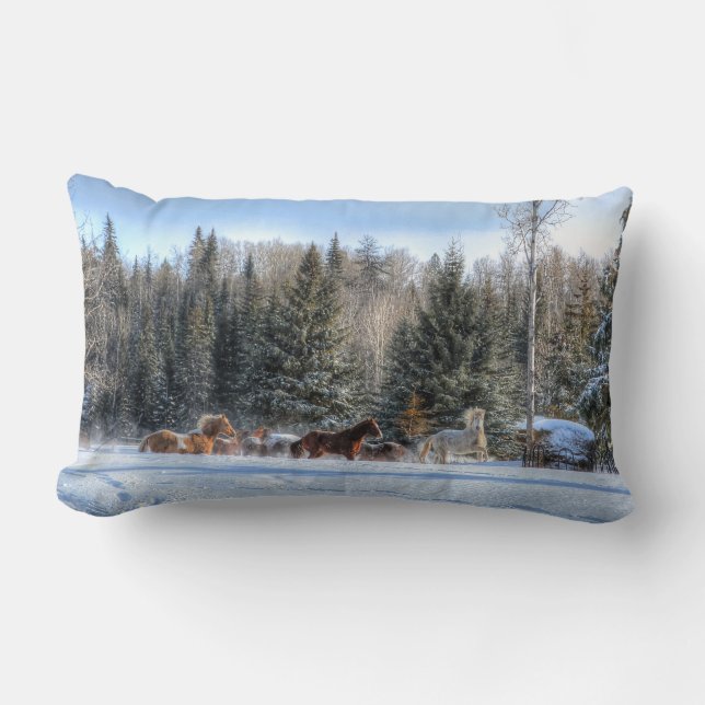 Cantering, Running Horses in Winter Snow Photo Lumbar Pillow (Front)