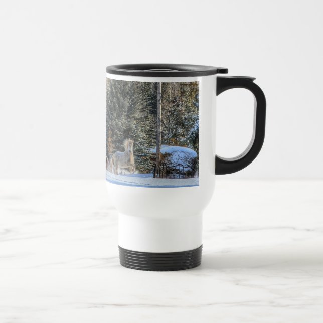 Cantering, Running Horses in Winter Snow Photo Travel Mug (Right)