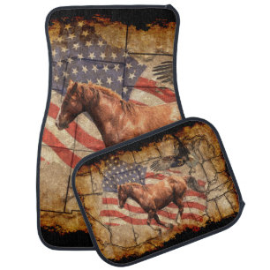 Cantering Western Horse w Bald Eagle and US Flag Car Mat