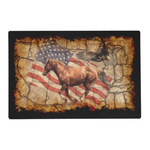 Cantering Western Horse w Bald Eagle and US Flag Placemat