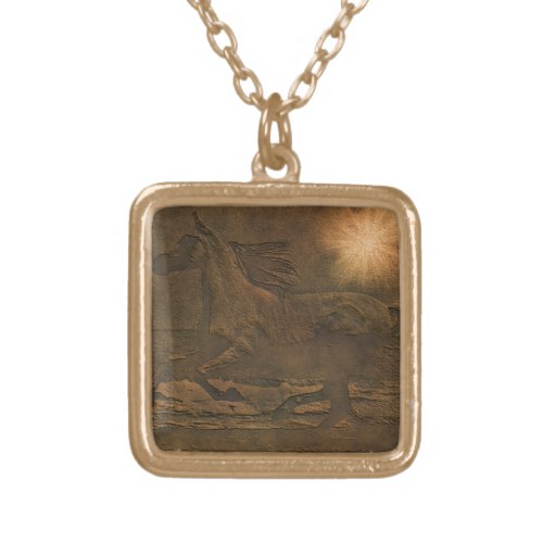 Cantering Wild Spirited Horse Faux Leather_effect Gold Plated Necklace