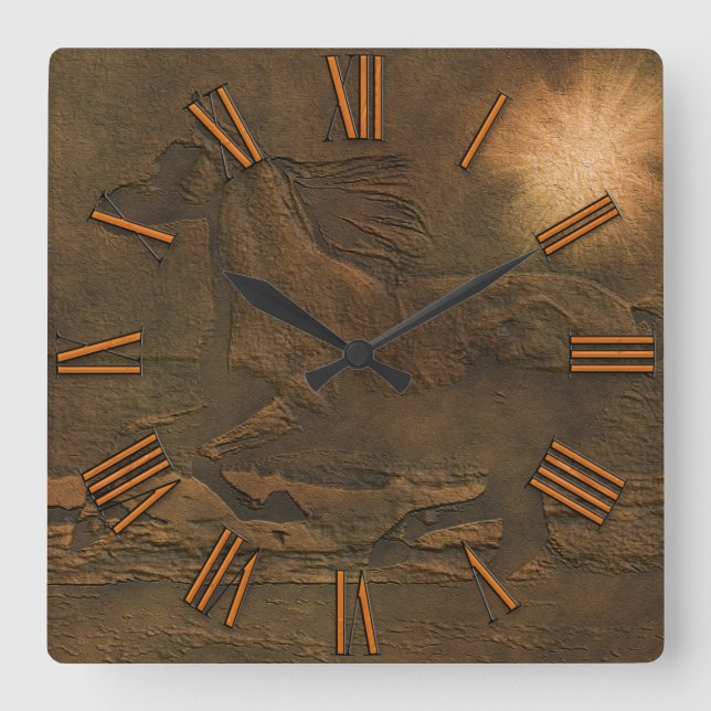 Cantering Wild Spirited Horse Faux Leather-effect Square Wall Clock (Front)