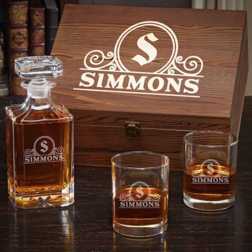 Canton Engraved Set w Whiskey Glasses  Decanter