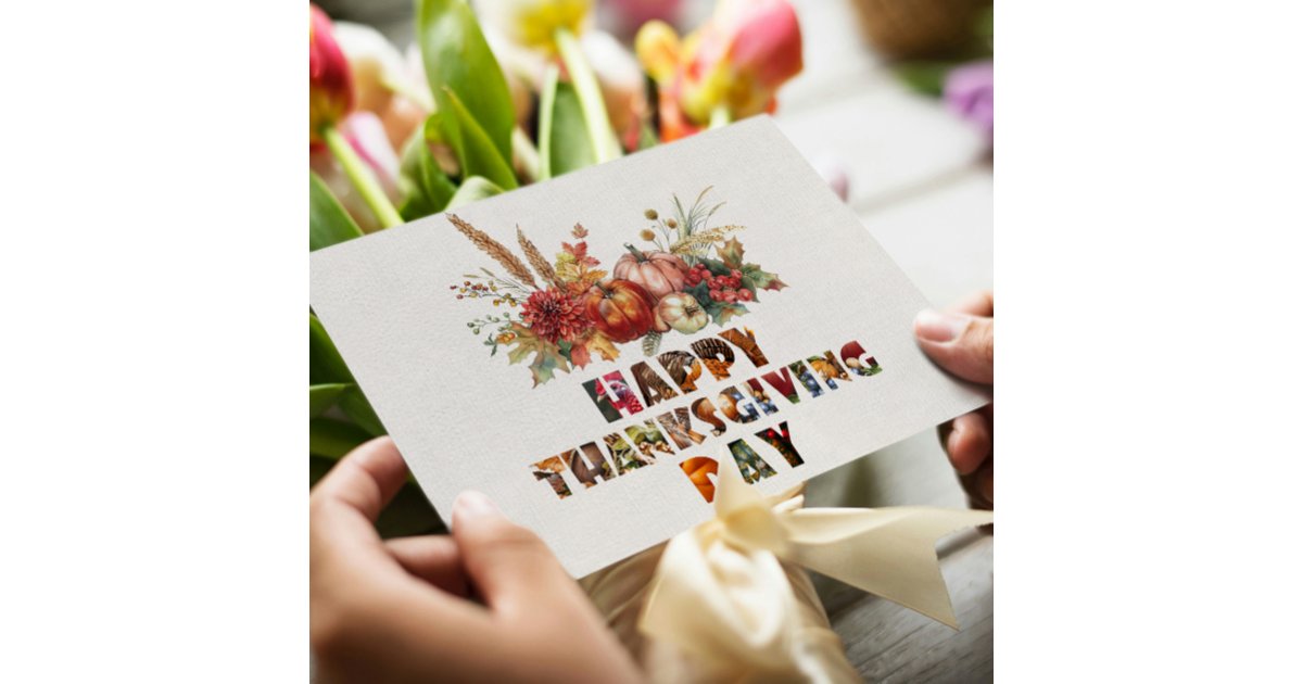 Canva Fall Pumpkins and Leaves Happy Thanksgiving Holiday Card | Zazzle