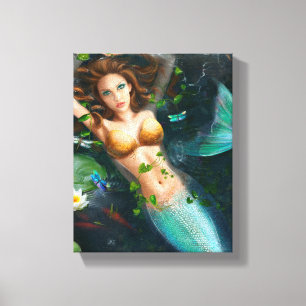 Canvas Beautiful mermaid in lake with lilies