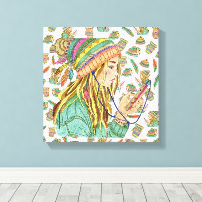 Canvas Boho Hat Girl Theme Print (Insitu(Wood Floor))