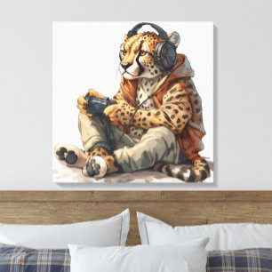 Canvas Cheetah Playing Video Games Art for Kids Print