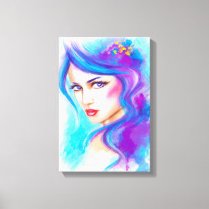 Canvas Fantasy Beautiful woman with blue flowers Print