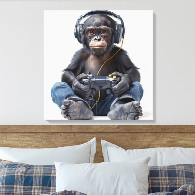 Canvas Gamer Chimp Funny Animal Art for Kids Print (Funny Gamer Monkey Chimp playing video games wearing jeans and headphones kids canvas wall art)