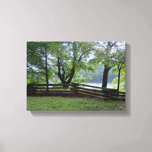 Canvas Photo Print with split rail fence and lake