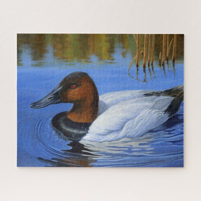 Canvasback Duck Swimming, Reeds, Acrylic Painting Jigsaw Puzzle (Horizontal)