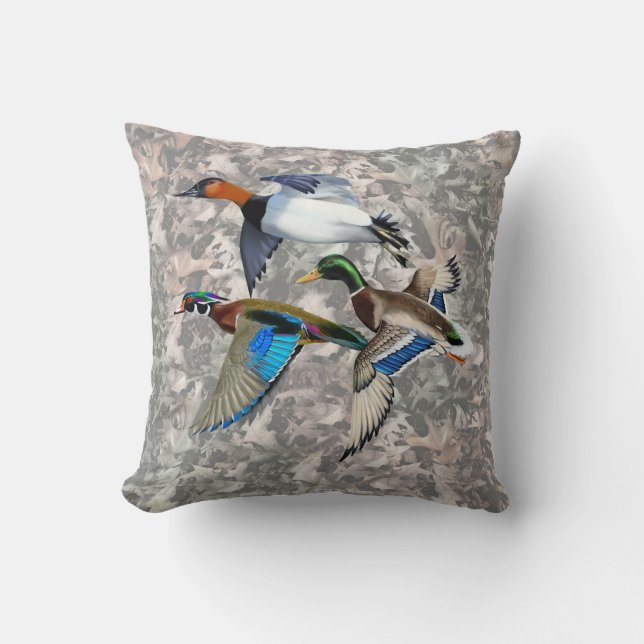 Canvasback, Mallard and Wood Ducks Flying Throw Pillow (Front)