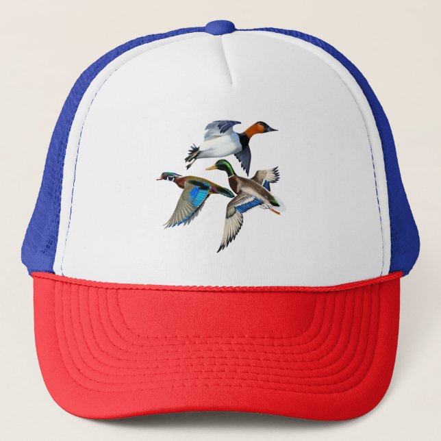 Canvasback, Mallard and Wood Ducks Flying Trucker Hat (Front)