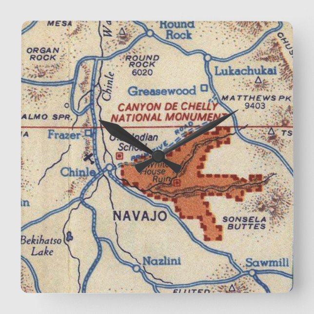 Canyon de Chelly Vintage Map Square Wall Clock (Front)