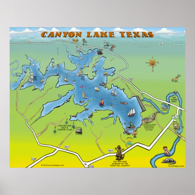 Canyon Lake Texas Cartoon Map Poster (Front)