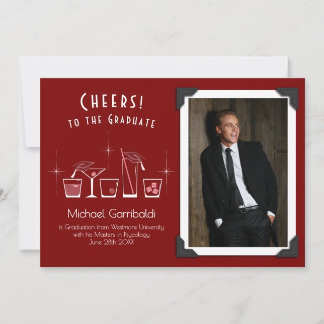 Cap and Cocktail Graduation Announcement Maroon (Front)