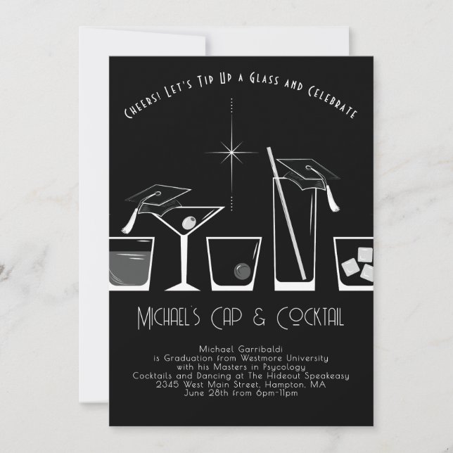 Cap and Cocktail Graduation Party Black Invitation (Front)