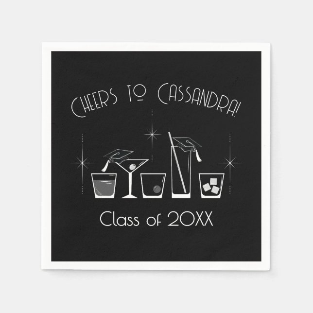 Cap and Cocktail Graduation Party Black Napkins (Front)