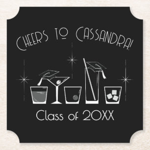 Cap and Cocktail Graduation Party Black Paper Coaster
