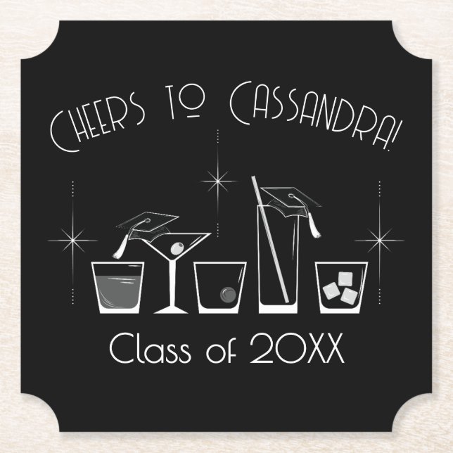 Cap and Cocktail Graduation Party Black Paper Coaster (Front)