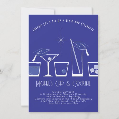 Cap and Cocktail Graduation Party Blue Invitation