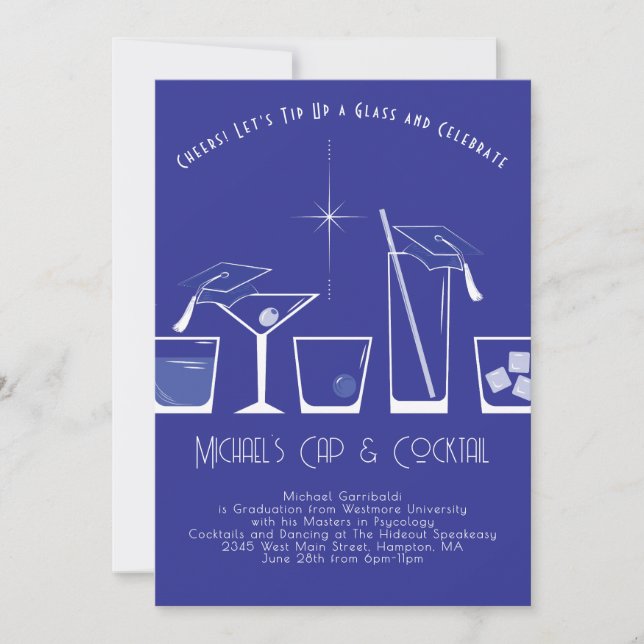 Cap and Cocktail Graduation Party Blue Invitation (Front)