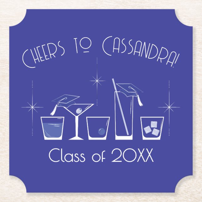 Cap and Cocktail Graduation Party Blue Paper Coaster (Front)