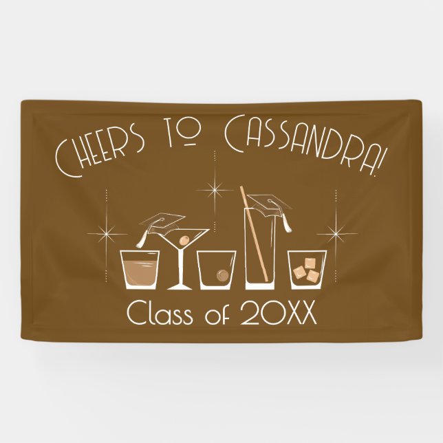Cap and Cocktail Graduation Party Brown Banner (Horizontal)