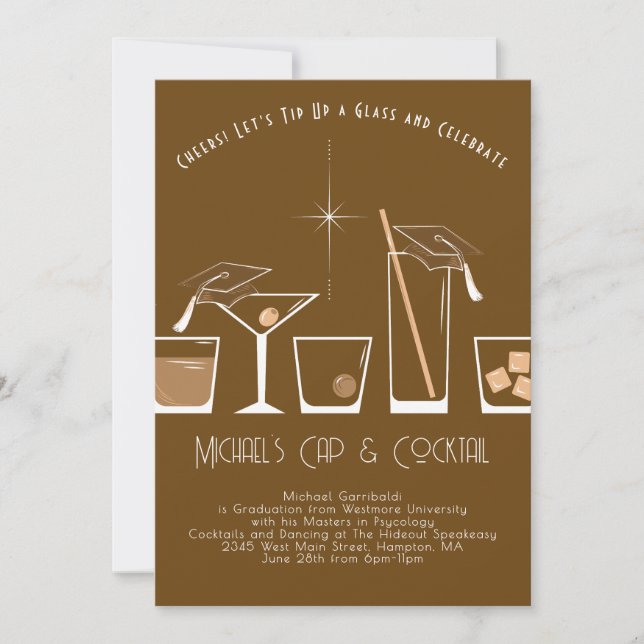 Cap and Cocktail Graduation Party Brown Invitation (Front)