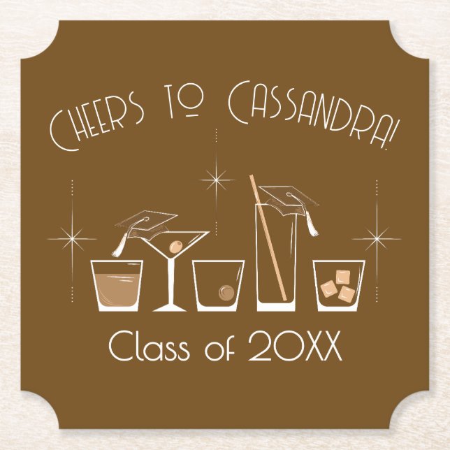 Cap and Cocktail Graduation Party Brown Paper Coaster (Front)