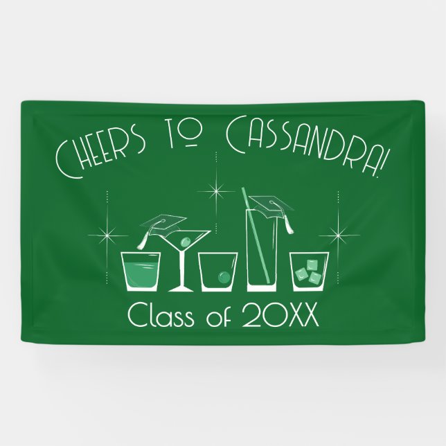 Cap and Cocktail Graduation Party Dark Green Banner (Horizontal)