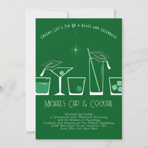Cap and Cocktail Graduation Party Dark Green Invitation