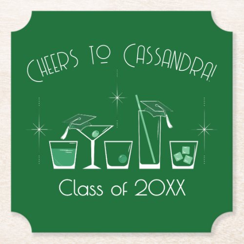 Cap and Cocktail Graduation Party Dark Green Paper Coaster