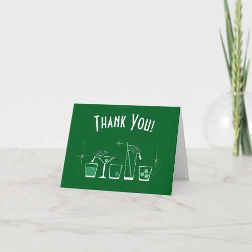 Cap and Cocktail Graduation Party Dark Green Thank You Card
