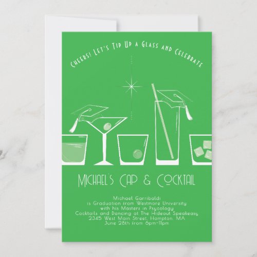 Cap and Cocktail Graduation Party Green Invitation