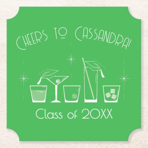 Cap and Cocktail Graduation Party Green Paper Coaster