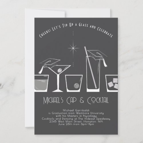 Cap and Cocktail Graduation Party Grey Invitation