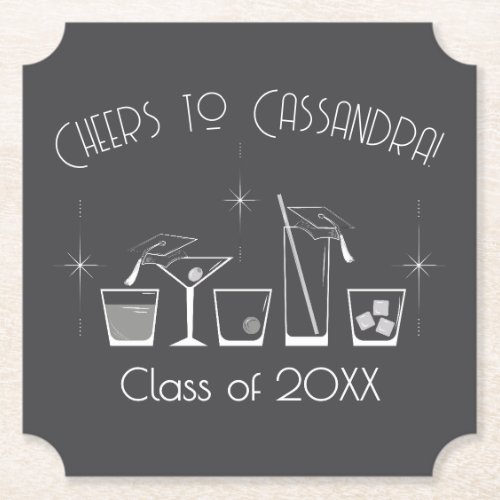 Cap and Cocktail Graduation Party Grey Paper Coaster